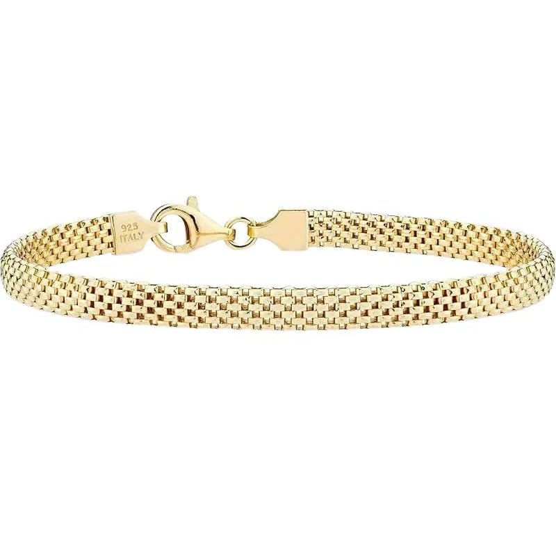 Hypoallergenic 18K Gold Plated 925 Silver 5mm Mesh Bracelet, Women Classic Stackable Minimalist Gift - color: Length 8 Inches