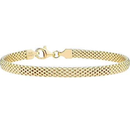 Hypoallergenic 18K Gold Plated 925 Silver 5mm Mesh Bracelet, Women Classic Stackable Minimalist Gift - color: Length 7 Inches