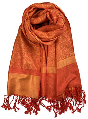 Plum Feathers Two Tone Vintage Paisley Pattern Pashmina Scarf - color: Fire Orange Paisley