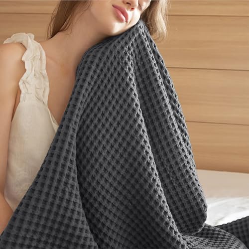 Bedsure 100% Cotton Throw Blanket for Spring Summer, Ultra Soft Waffle Weave Dark Grey Blanket for Couch Sofa Chair, Thin Lightweight Breathable Bedding Gifts for Women, Men, Teens, 50"x70" - color: Dark Grey, size: Throw Xl (50" X 70")
