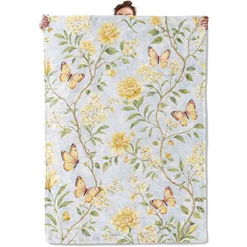 Watercolor Floral Butterfly Throw Blanket, Yellow Blossom Branch, Soft Flannel Fleece, 40x50 Inch, Couch Sofa Blankets for Women Nature Lover, Cozy Spring Cottage Flower Home Decor Gifts - color: Floral, size: 50x40 INCH