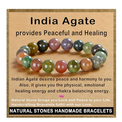 AD Beads Handmade Gemstone Stretch Elastic Bracelet Crystal Healing Reiki Nature's Beauty and Spiritual Essence Unisex - color: Indian Agate, size: 10mm