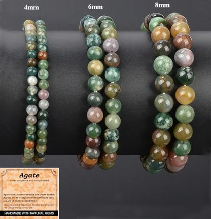 MASSIVE BEADS Handmade Yoga Stretch Elastic Bracelet Natural Stone Crystal Healing Power Energy Gifts for Unisex Adult 4mm 6mm 8mm 10mm - color: Indian Agate(Peaceful), size: 8mm