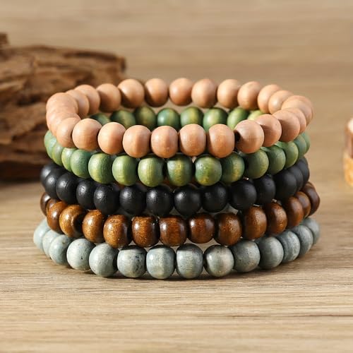 10 Piece Set Wooden Bead Bracelets, Boho Stretch Bracelet Set, Unisex Fashion Jewelry Stack, Multi-Color