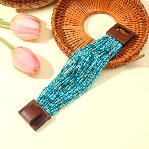 Multi Layers Seed Beads Wide Bangle Strand Bracelet for Women (BR1167)… - color: BlueGold