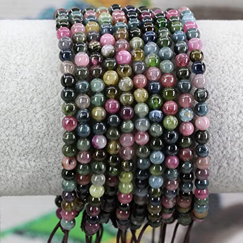 Keleny Natural Gemtones 4mm Round Beads Crystal Adjustable Braided Macrame Tassels Bracelets Unisex - color: Multicolor Tourmaline