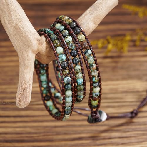 Women Boho Handmade Natural Stone Crystal Leather Bead Wrap Bracelets Collection - style: 4mm African Turquoise 3W
