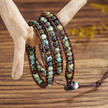 Women Boho Handmade Natural Stone Crystal Leather Bead Wrap Bracelets Collection - style: 4mm African Turquoise 3W