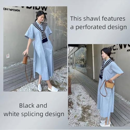 Sweater Shawl Wraps for Women Fashion Knitted Shoulder Shawls Ponchos Casual Sweaters Scarf Cape Wraps with Sleeves - color: 14 Black Stripe
