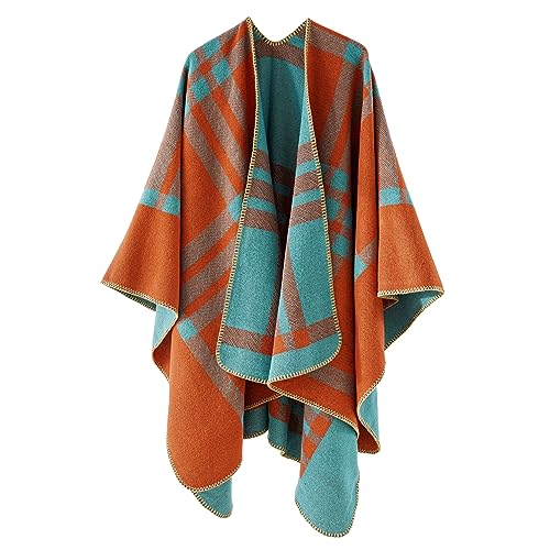 Shawl Wraps for Women, Elegant Knitted Cape Open Front Poncho Scarf Blanket Cardigan Coat for Spring, Autumn, and Winter - color: Orange Blue