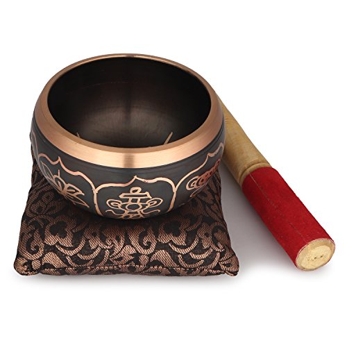 Tibetan Singing Bowl Set (4 Inch) with Mallet & Cushion – Meditation Sound Bowl for Yoga, Mindfulness & Relaxation – Handcrafted Gift Set (Black) - color: BLACK