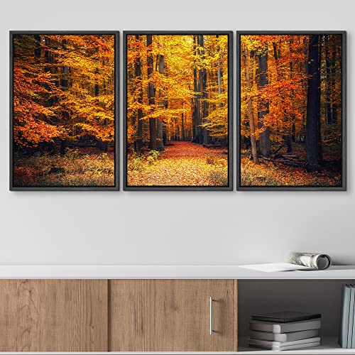 wall26 - 3 Piece Framed Canvas Wall Art - Pathway in The Autumn Park - Modern Home Art Stretched and Framed Canvas Ready to Hang - 16"x24"x3 Black - color: Artwork - 06, size: 16" x 24" x 3 Panels BLACK