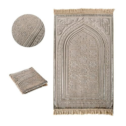 Modefa Luxury Velvet Prayer Rug with Prayer Beads | Soft Elegant Muslim Turkish Janamaz Sajada Carpet for Men and Women | Plain Solid Prayer Mat Ramadan Eid Gift - Najma (Mink) - color: Najma Mink