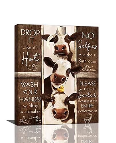 Bathroom Cow Wall Art Farmhouse Cows Pictures Wall Decor Funny Toilet Bathroom Rules Poster Canvas Painting Home Modern Artwork Decorations Framed for Restroom 16 x 20 inch - color: Cow-1, size: 20"L x 16"W