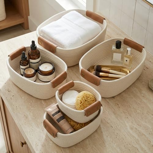 Beautiful Storage Basket Set of 5 - Sturdy Cotton Rope Baskets for Shelves Are Perfect for Organizing Your Home - Quality Storage Bins Easily Fit With Any Nursery or Bedroom Decor - color: Beige