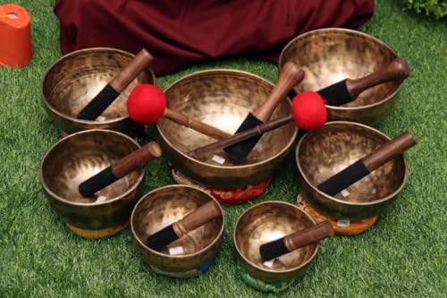 Spiritual Seven Chakra Notes Tiger Eye Set of 7 Singing Bowls From India-Meditation Bowl-Tibetan Singing Bowl- Blessing Bowls From Monk