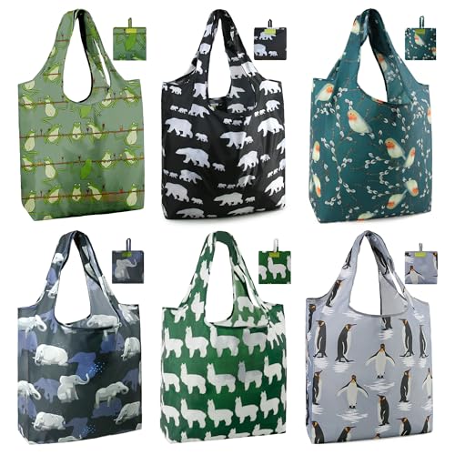 BeeGreen Animal Reusable Shopping Bags Cute Grocery Bag 6 Pack, Christmas Gift Bags Heavy-Duty Foldable Shopping Totes for Supermarket, Work & Travel, Large Washable Polyester Tote Bag with Handles - color: Green, black, gray