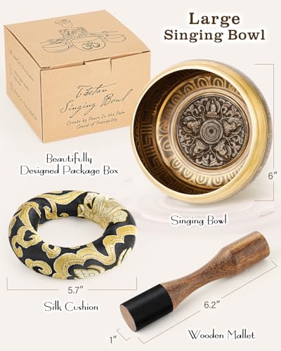 Tibetan Singing Bowls, Authentic Meditation Sound Bowls Handcrafted in Nepal for Yoga, Chakra Healing, Mindfulness, Self Care Spiritual Gifts for Women - color: 6" Buddha-Sunflower