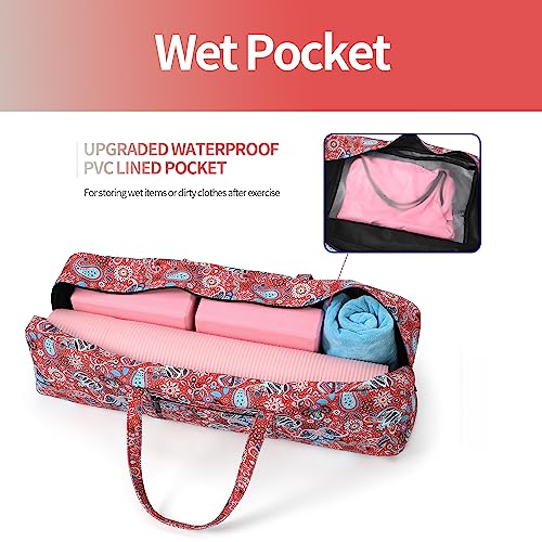 Boulder Bee | Yoga Mat Bag | Large Yoga Mat Carrier with Wet Pocket | Yoga Gifts | Gym Tote Bag for Women - color: Red
