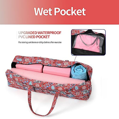Boulder Bee | Yoga Mat Bag | Large Yoga Mat Carrier with Wet Pocket | Yoga Gifts | Gym Tote Bag for Women - color: Red