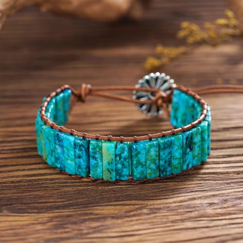 Plumiss Women Boho Handmade Natural Stone Crystal Leather Bead Wrap Bracelets Collection - style: Chrysocolla 1W