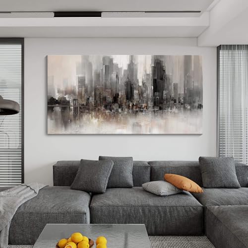 Cityscape Wall Art New York City Skyline Buildings Picture Modern Abstract Grey NYC Skyline Painting Framed Artwork for Bedroom Living Room Bathroom Home Office Decor29×58IN - color: Black, size: 29"L x 58"W