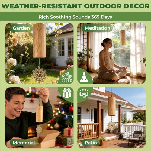 Hand-Tuned Wood Wind Chimes for Outside - Deep Tone Soothing Sound for Zen Garden Decor & Meditation - Weather-Resistant Wooden Windchimes, Memorial Sympathy Gift for Loss of Loved One