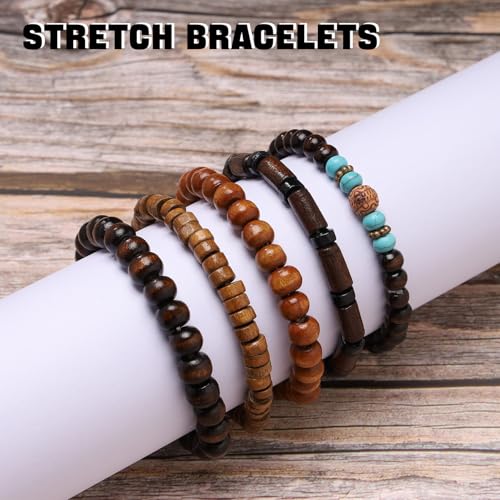 MILAKOO Mens Beaded Bracelets Tribal Wooden Elastic Adjustable Prayer Beads Wrap Cuff for Women - color: Q: 5pcs