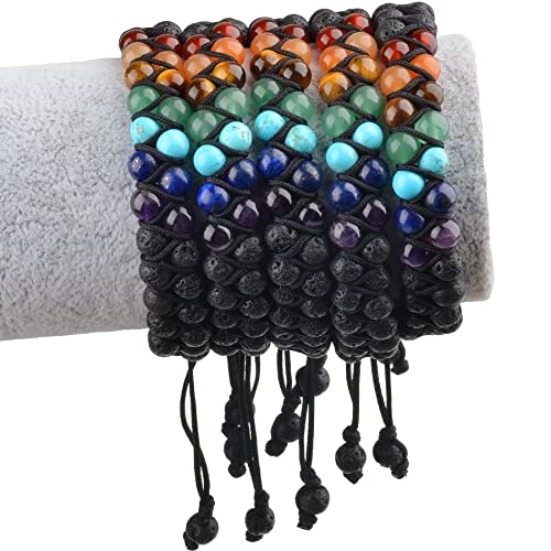 MASSIVE BEADS Double Layer Natural Chakra Healing Power Crystals Macrame Bracelet Yoga Stone Beads Gemstone Meditation Relax Anxiety Bangle for Unisex Women Men - color: 7-Chakras&Lava, size: 6mm