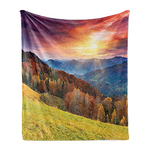Lunarable Nature Soft Flannel Fleece Throw Blanket, Mountains in Autumn Theme Landscape and Vibrant Sunset Photography Print, Cozy Plush for Indoor and Outdoor Use, 50" x 60", Magenta Green - color: Magenta Green, size: 50" x 60"