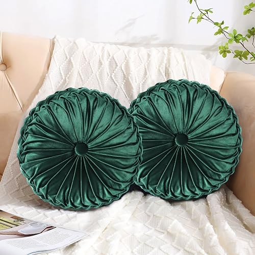 HIG Set of 2 Decorative Round Pleated Throw Pillows, Classy Accent Pumpkin Throw Pillows with Center Button, Vintage Velvet Floor Pillows for Sofa Vanity Chair Bed, Emerald, 14.5" Diameter(Ripple) - color: Emerald