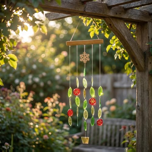 Topadorn Solar Wind Chimes Outdoor, Glass LED Leaf Wind Chime, Solar Hanging Garden & Patio Decor - color: Green&red