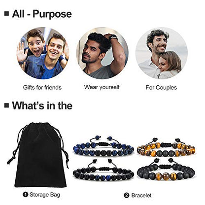 M MOOHAM Fathers Day Gift Mens Bracelet - Beaded Natural Stone 8mm Tiger Eye Matte Agate Lava Rock Bracelets for Men Teen Boys Grandpa Dad Birthday Gifts Jewelry - style: 4 Pcs Tiger Eye&Matte Agate