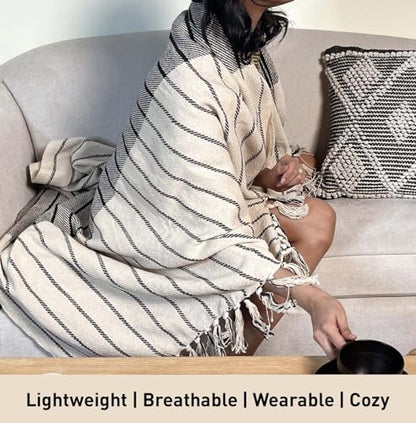 Black and Ivory Oslo Throw with Fringes, 50 x 60 Inch, Perfect Scandinavian Throw Blanket for Couch, Bed, Camping, Beach & Everyday use - color: Ivory-black