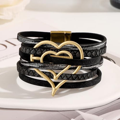 Edoneery Leather Wrap Bracelet for Women, Boho Handmade Multi-Layer Cuff with Crystal Beads Heart, Stackable Bangle Western Jewelry Gift - style: Heart(Black)