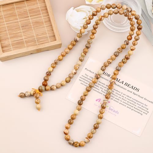 AD Beads 6mm 8mm 108 Prayer Mala Jasper Elastic Bracelet - Handmade Yoga Meditation Healing Power Energy Gifts for Unisex Adult. - color: Picture Jasper(Spiritual)