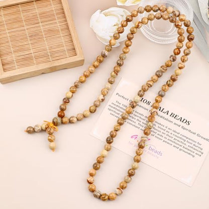 AD Beads 6mm 8mm 108 Prayer Mala Jasper Elastic Bracelet - Handmade Yoga Meditation Healing Power Energy Gifts for Unisex Adult. - color: Picture Jasper(Spiritual)