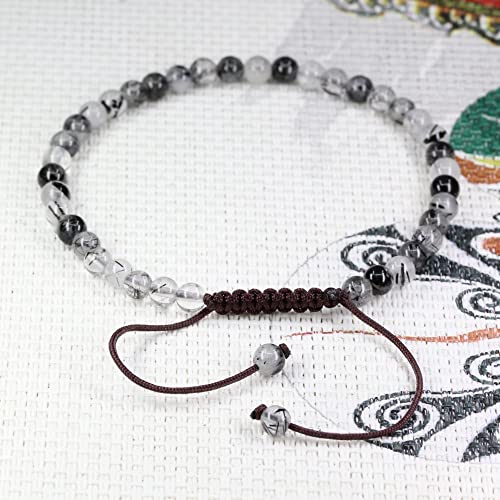 Keleny Natural Gemtones 4mm Round Beads Crystal Adjustable Braided Macrame Tassels Bracelets Unisex - color: Black Rutilated Quartz