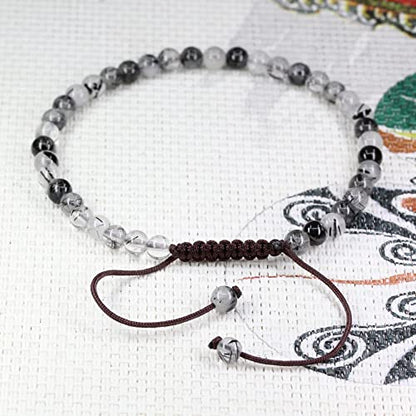 Keleny Natural Gemtones 4mm Round Beads Crystal Adjustable Braided Macrame Tassels Bracelets Unisex - color: Black Rutilated Quartz