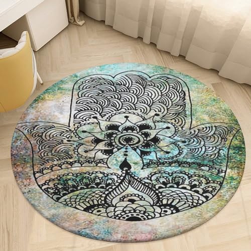 Hamsa Hand of Fatima Meditation Mandala Ultra Soft Non-Slip Area Rugs Indoor Coral Velvet Floor Mat Short Flannel Carpet for Living Room Bedroom Dining Room, 35*35in