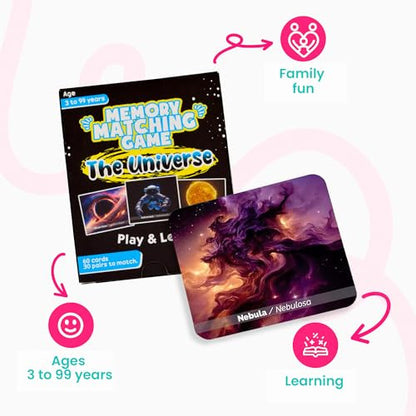 Menique Universe Memory Matching Game – 60 Cards (30 Pairs) – Bilingual Space Game with Planets, Stars & More – Educational for Kids and Adults - style: Universe