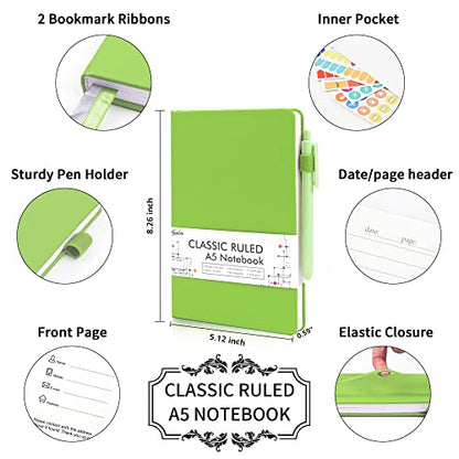 feela 24 Pack Journal Notebook Bulk for Work, Business Notebook Hardcover Lined Writing Journal with Pen Holder for Men Women Note Taking, with 24 Black Pens, 120 GSM, 5.1”x8.3”, A5, Green - color: 24 Green