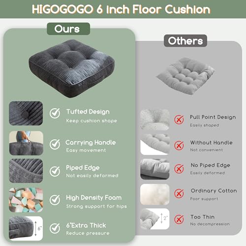 HIGOGOGO 6" Extra Thick Floor Pillow Cushion for Adults, Meditation Cushion Pillow, Large Square Floor Sitting, Tufted Corduroy Cover, for Tatami Living Room or Yoga, 22x22 Inch, 2Pack, Dark Grey