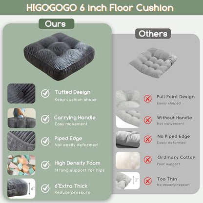 HIGOGOGO 6" Extra Thick Floor Pillow Cushion for Adults, Meditation Cushion Pillow, Large Square Floor Sitting, Tufted Corduroy Cover, for Tatami Living Room or Yoga, 22x22 Inch, 2Pack, Dark Grey