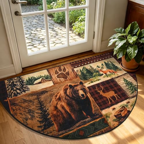 ASPMIZ Rustic Area Rug Washable Entryway Rug 2x4 Semicircular Cabin Indoor Doormat Western Rug Half Circle Soft Small Non-Slip Brown Throw Rugs for Entrance Kitchen Bedroom Bathroom - color: Brown, size: 2' X 4' (Semicircular)