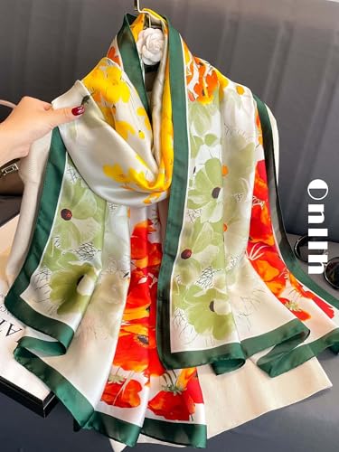 Large Shawl Scarf For Women Lightweight Wraps Silky Headscarf Long Sunscreen Scarfs - color: T18 Brilliant Flowers / 70"x 35"