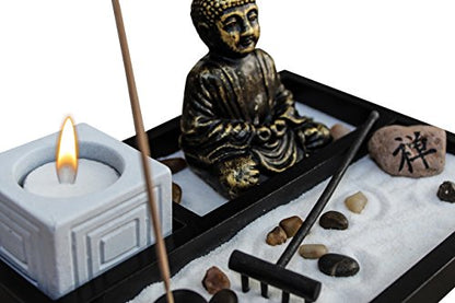 Zen Garden Deluxe Desk Meditation Garden Buddha Statue with Tea Light Holder, Incense Holder, Incense, Rocks, Sand, and Rake (Candle Not Included)
