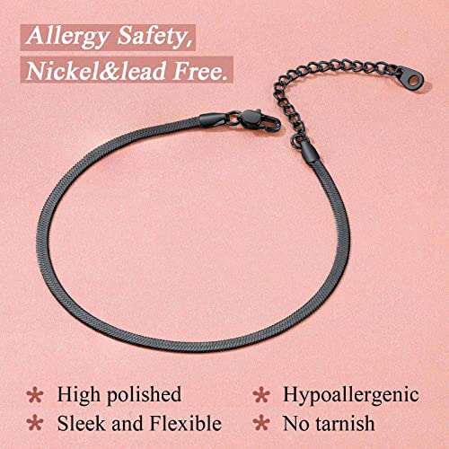 FindChic Elegant Herringbone Snake Chain Anklets/Bracelets 3MM/5MM Width Stainless Steel/18K Gold/Rose Gold Plated/Black 4 Color Options, 8.3'' 8.5'' 10.5'' Length, with Gift Box - color: A: 3mm 8.5'' anklet (Black)