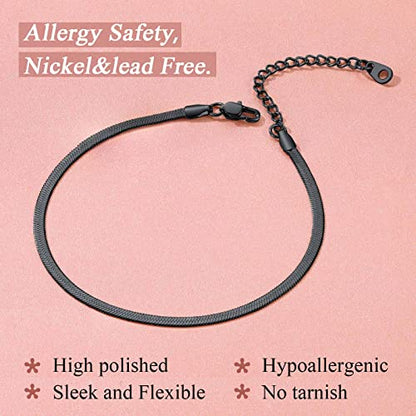 FindChic Elegant Herringbone Snake Chain Anklets/Bracelets 3MM/5MM Width Stainless Steel/18K Gold/Rose Gold Plated/Black 4 Color Options, 8.3'' 8.5'' 10.5'' Length, with Gift Box - color: A: 3mm 8.5'' anklet (Black)