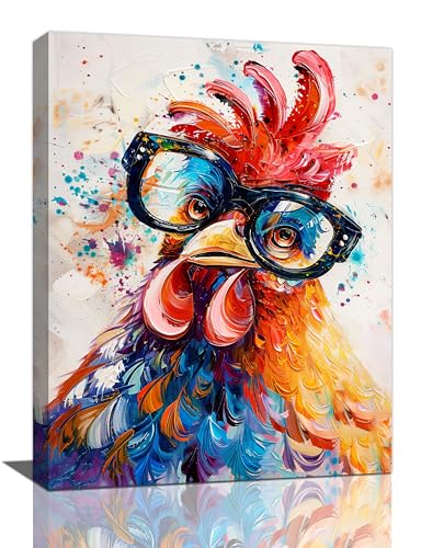Fuzawet Banksy Chicken Wall Art Rooster Pictures Funny Chicken Canvas Wall Decor Rooster Painting Home Modern Artwork Decorations Framed for Kitchen Living Room Bedroom Bathroon Office 12 x 16 inch - color: Chicken, size: 16"L x 12"W